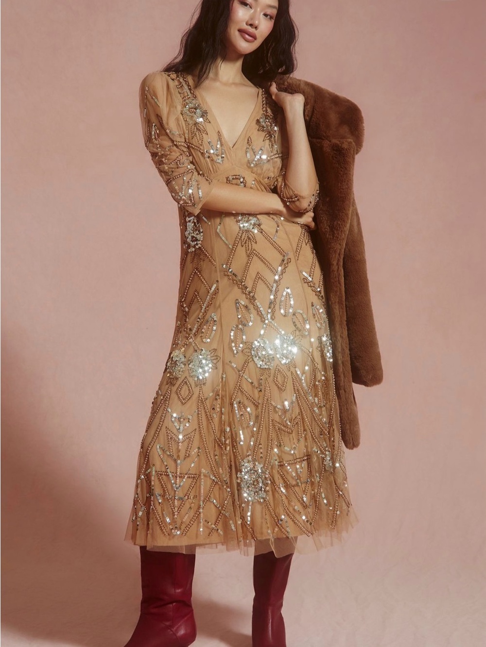 gold sequin dress anthropologie | Dresses | Anthropologie Sequinembellished Camel Vneck Midi Sz Xs Gorgeous Shoes & Accessories